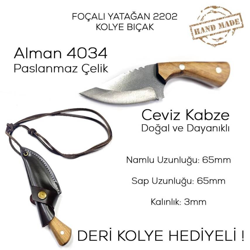 Foçalı 2202 Yatağan El Yapımı 13cm Ceviz Kolye Bıçak Av Kamp Bıçağı - 3