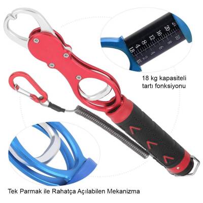 Oskar 18Kg Tartılı Alüminyum Balık Tutucu Gripper Yaylı Karabinalı - Kırmızı - 5