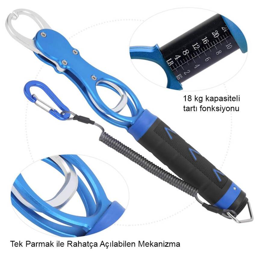 Oskar 18Kg Tartılı Alüminyum Balık Tutucu Gripper Yaylı Karabinalı - Mavi - 4