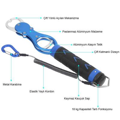 Oskar 18Kg Tartılı Alüminyum Balık Tutucu Gripper Yaylı Karabinalı - Mavi - 5