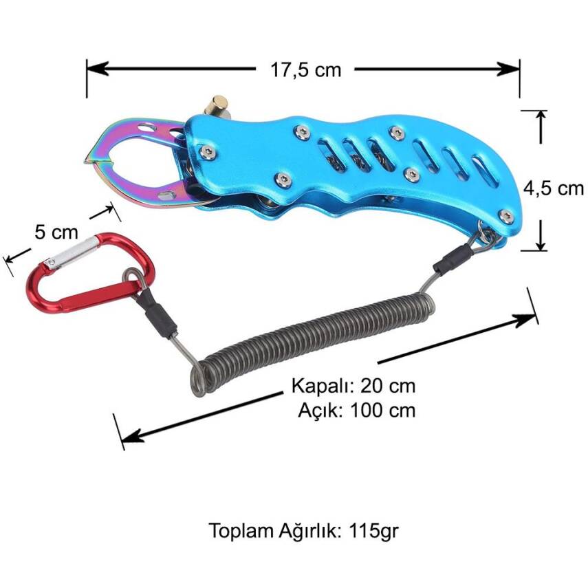 Oskar Alüminyum Balık Tutucu Gripper Yaylı Karabinalı - Mavi - 5