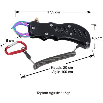 Oskar Alüminyum Balık Tutucu Gripper Yaylı Karabinalı - Siyah - 4