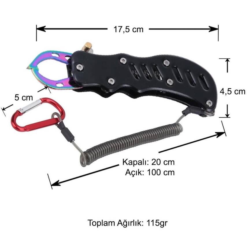 Oskar Alüminyum Balık Tutucu Gripper Yaylı Karabinalı - Siyah - 4